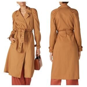 LOVE, WHIT BY WHITNEY PORT Brown Trench Coat Puff Sleeves Tie Belt Size XS